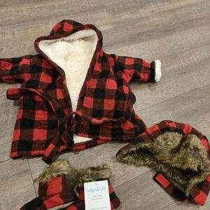 Indigo Red and Black Plaid Baby Jacket with Fur Trim